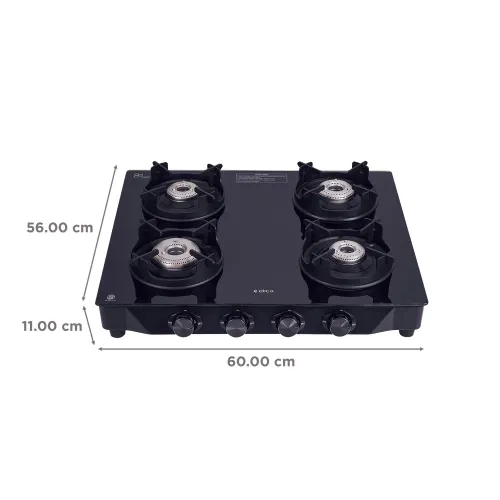 Elica Crest 4 Burners Cooktop with Designer Metal Round Knobs, Forged Brass Burners (Black, CREST 460 J NERO)