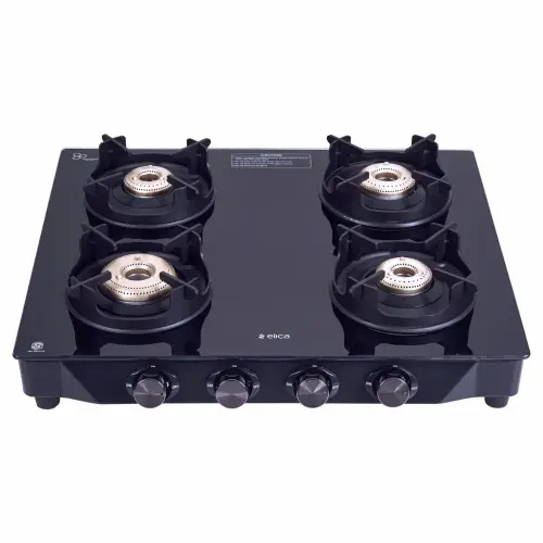 Elica Crest 4 Burners Cooktop with Designer Metal Round Knobs, Forged Brass Burners (Black, CREST 460 J NERO)