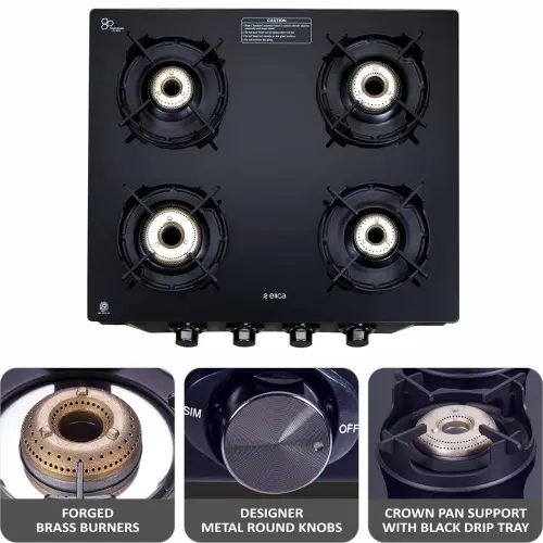 Elica Crest 4 Burners Cooktop with Designer Metal Round Knobs, Forged Brass Burners (Black, CREST 460 J NERO) 7 Elica Crest 4 Burners Cooktop with Designer Metal Round Knobs, Forged Brass Burners (Black, CREST 460 J NERO)