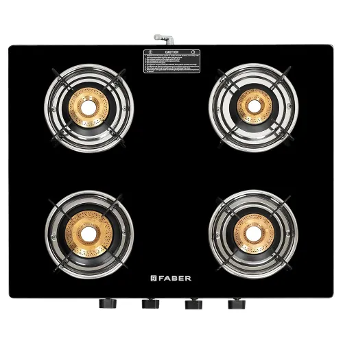 Faber Spark Cooktop with 4 Brass Burners, MS Powder Coated Finish, Manual Ignition (Black)