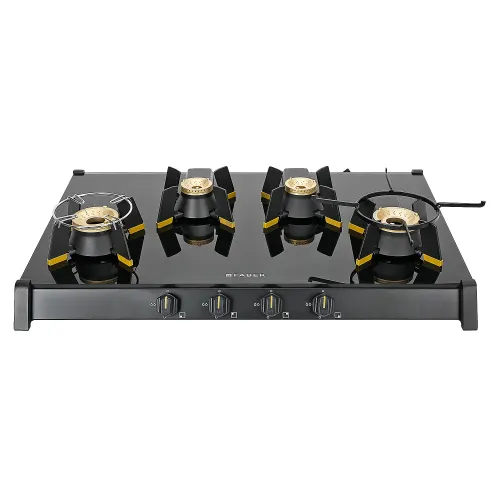 Faber Genius 4 Brass Burner Cooktop with Auto Ignition, Black Matt Finish, Black Cast Iron Pan Support, Imported Brass Valves (Black)