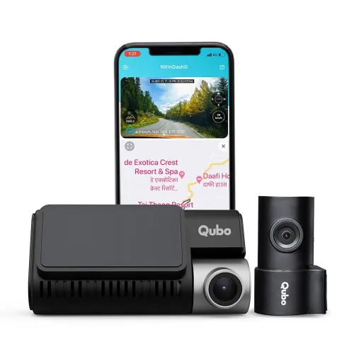 Qubo Smart Dashcam Pro 3K + Rear Cam with Built-in Wi-Fi & GPS | Dual Channel Recording | Night Vision (Black)