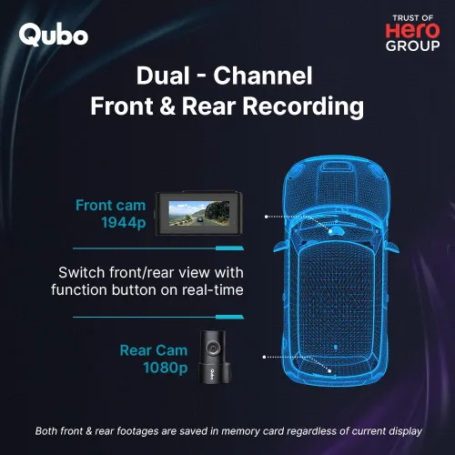 Qubo Smart Dashcam Pro 3K + Rear Cam with Built-in Wi-Fi & GPS | Dual Channel Recording | Night Vision (Black)
