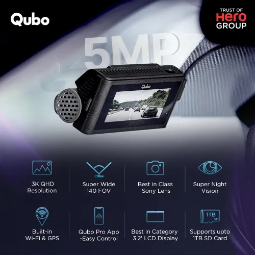 Qubo Smart Dashcam Pro 3K with Built-in Wi-Fi & GPS | Sony IMX335 Sensor | Superior Night Vision (Black)