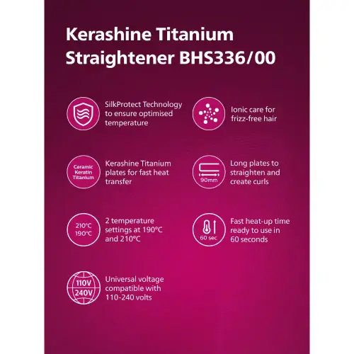 Philips Hair Straightener with Silk Protect Technology, 2 Temperature Settings, Purple (BHS336) 2 Philips Hair Straightener with Silk Protect Technology, 2 Temperature Settings, Purple (BHS336)