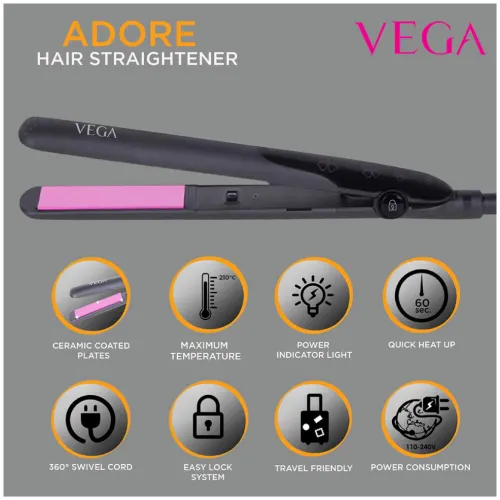 Vega Adore Hair Straightener with One Heat Setting, Black (VHSH18) 3 Vega Adore Hair Straightener with One Heat Setting, Black (VHSH18)