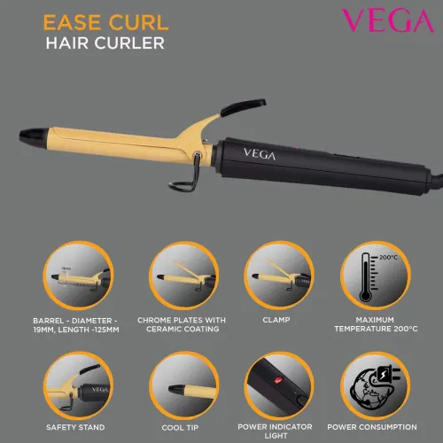 Vega Ease Curl 19 mm Barrel Hair Culer with Ceramic Coated Plates, Beige (VHCH01)