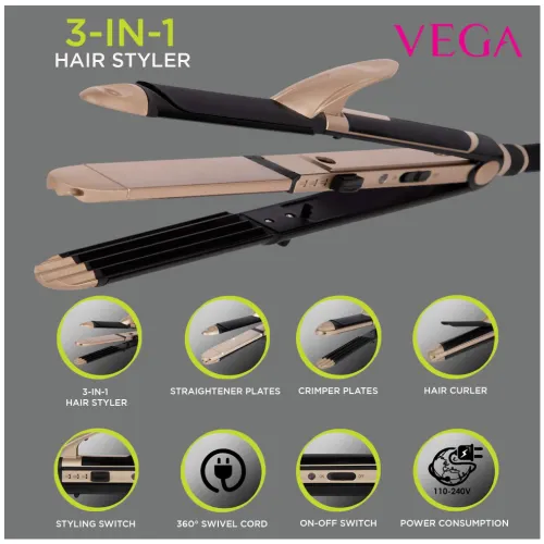 Vega 3 in 1 Hair Styler with Styling Switch, Black (VHSCC01)