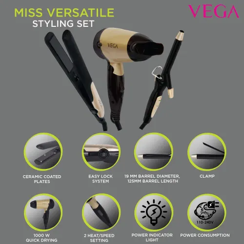 Vega Versatile Styling Set with 2 Speed Settings, Removable End Cap, Ceramic Coated Plates, Black (VHSS03)