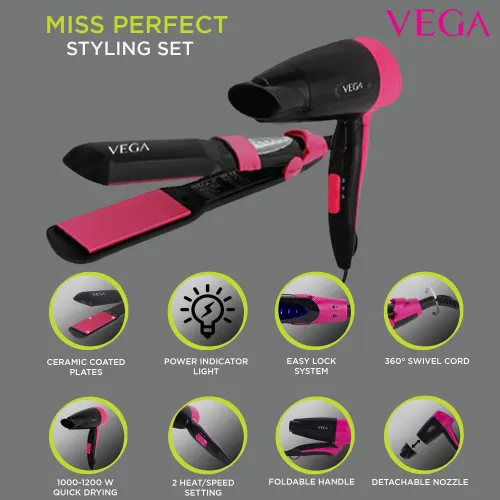 Vega Miss Perfect Hair Styling Set with 2 Heat Settings, Ceramic Coated Plates, Black (VHSS01)