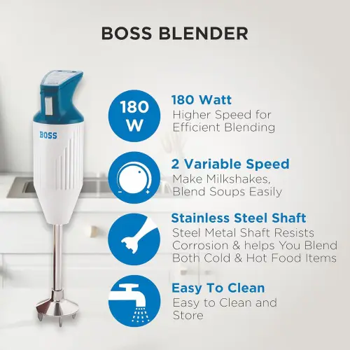 BOSS Portable Hand Blender B131 with 180W Motor, Variable speed control (Grey)