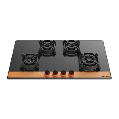 Faber Utopia Pro Hob with 4 Brass Burners, Cast Iron Pan Support, Toughened Black Glass Finish (Black, UTOPIAPROHT804BRCI)