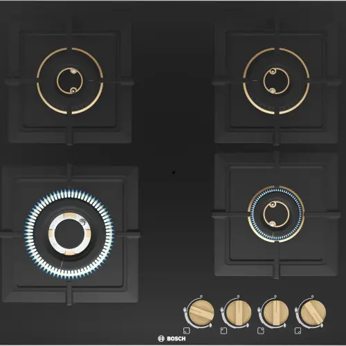 Bosch 60 cm Series 4 Gas Built-in Hob with 4 Burners, Flame Failure Safety Device (Black, PNH6B6F20I)