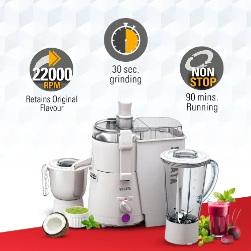 Sujata Powermatic Plus Juicer Mixer Grinder | 900W Motor | 22000 RPM | 90 Minutes Continuous Running | 2 Jars | White 5 Sujata Powermatic Plus Juicer Mixer Grinder | 900W Motor | 22000 RPM | 90 Minutes Continuous Running | 2 Jars | White
