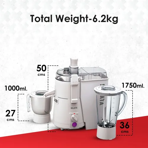 Sujata Powermatic Plus Juicer Mixer Grinder | 900W Motor | 22000 RPM | 90 Minutes Continuous Running | 2 Jars | White 7 Sujata Powermatic Plus Juicer Mixer Grinder | 900W Motor | 22000 RPM | 90 Minutes Continuous Running | 2 Jars | White