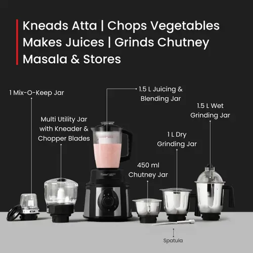 Prestige Endura 1000 W Mixer Grinder, 6 Jars, Sturdy Handles (Black & Silver, ENDURA1000W) 3 Prestige Endura 1000 W Mixer Grinder, 6 Jars, Sturdy Handles (Black & Silver, ENDURA1000W)