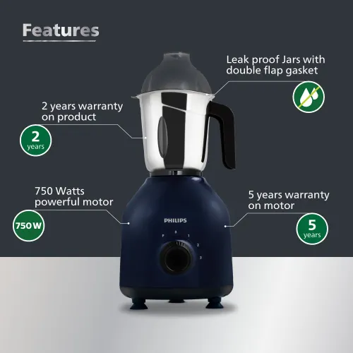 Philips 3 Jars 750 Watts Mixer Grinder with Turbo Motor, Knob Control (Blue, HL7757/01) 2 Philips 3 Jars 750 Watts Mixer Grinder with Turbo Motor, Knob Control (Blue, HL7757/01)