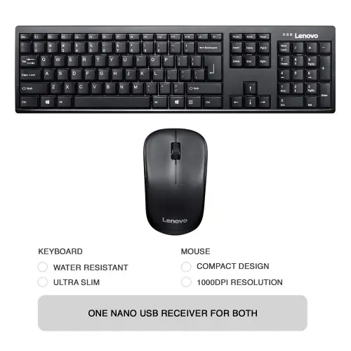 Lenovo 100 GX30L66303 Wireless keyboard & Mouse Combo, 1000 DPI Mouse Optical Sensor, water resistant keyboard (Black)